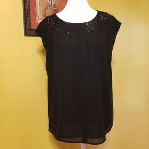 Ann Taylor Black pleated front with sequin neck Blouse Size M NWT